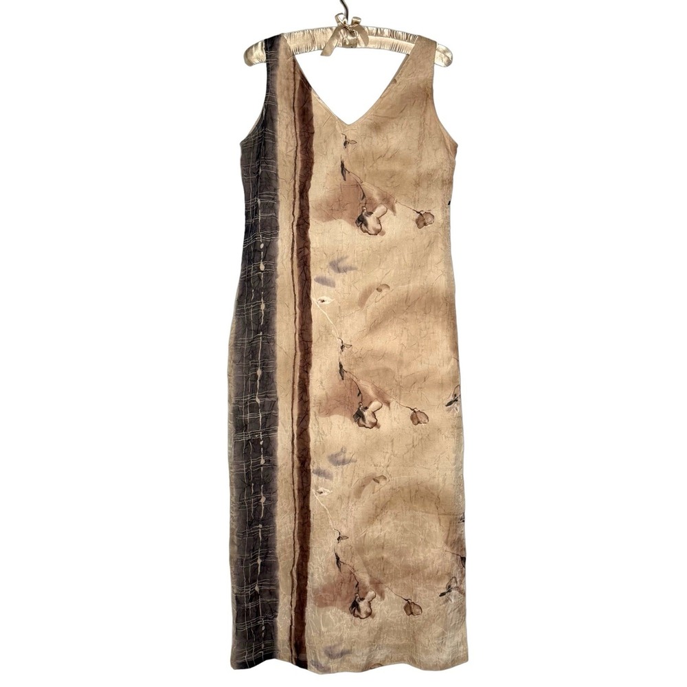 Vintage 90s Barbara Lesser Floral Botanical Midi Dress M Crinkle Overlay Lined